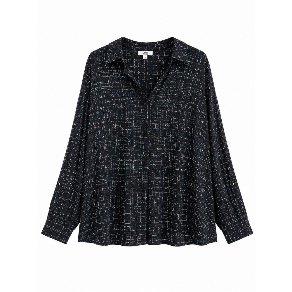 Croft Barrow Womens Popover Blouse Large Black Multicolor Roll Tab Sleeve Top